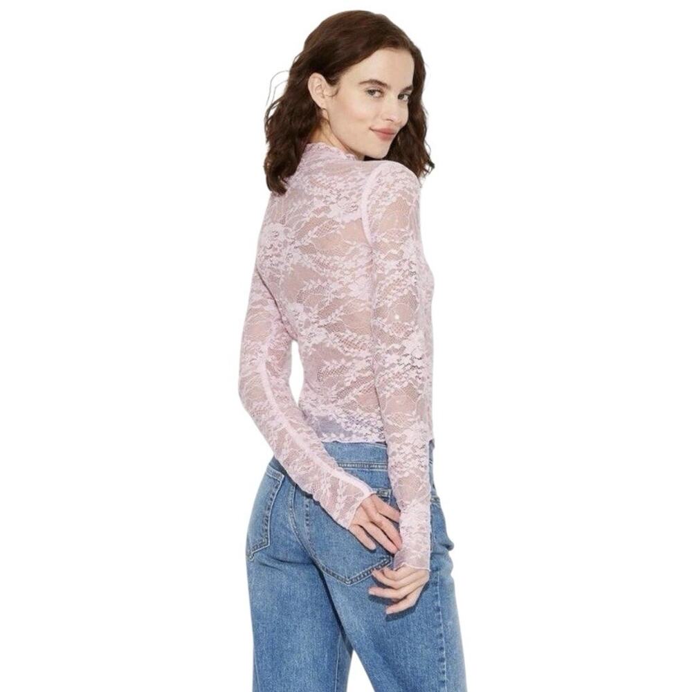 Lace Sequined Long Sleeve Top Women’s Size‎ S Light Pink Sheer Romantic Feminine